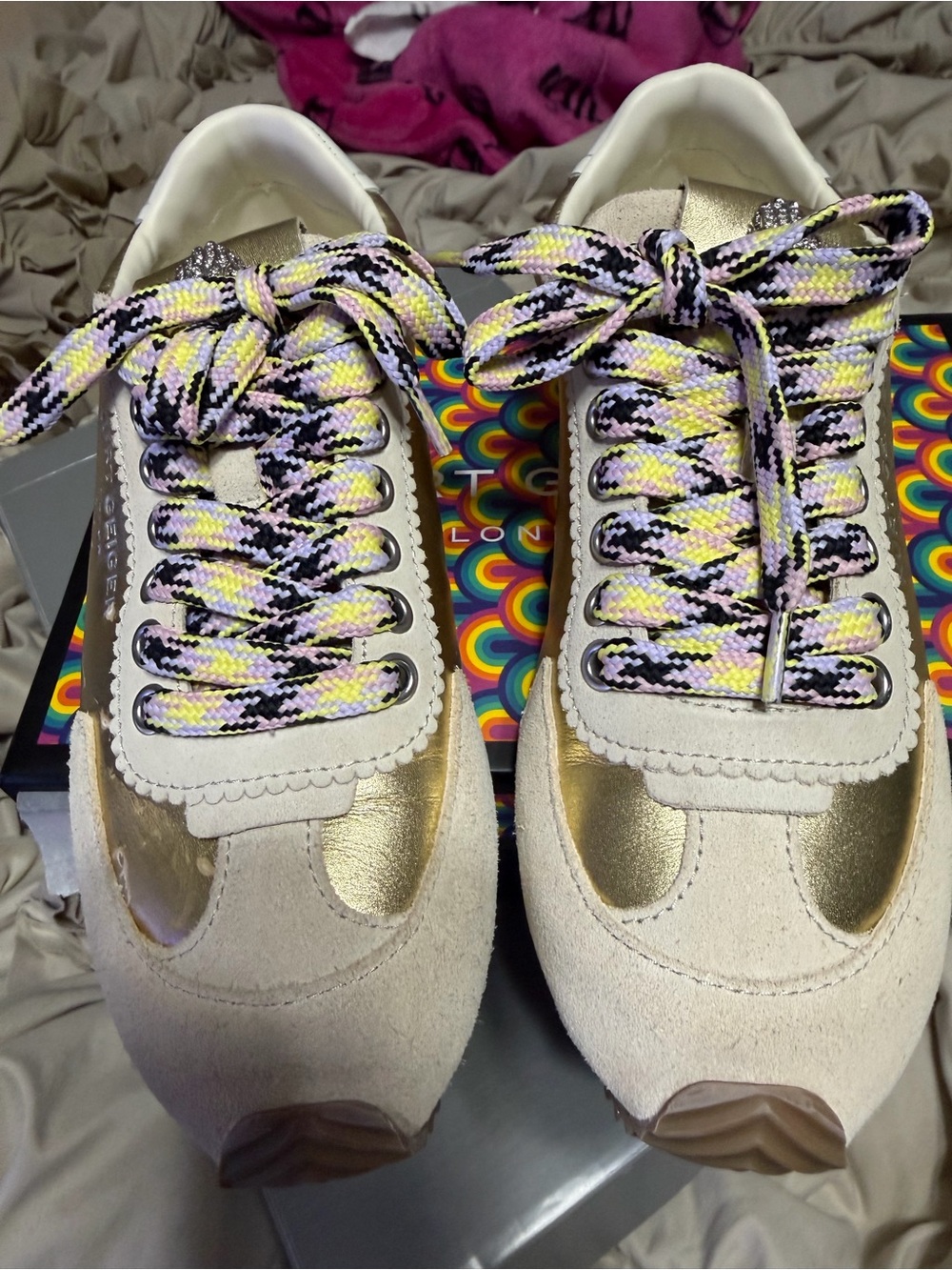 Kurt Geiger Cream and Gold Women’s Lace-Up Sneakers with Multicolor Laces